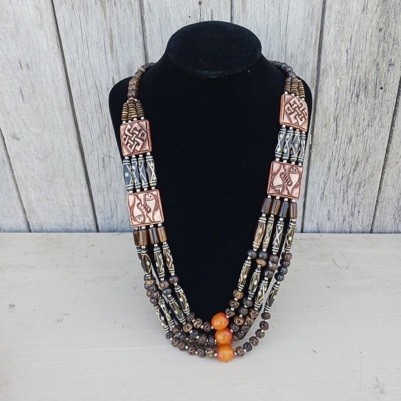 Jewelry - Vtg Tribal style 4 strand Hand carved Yak bone & resin Statement necklace Nepal